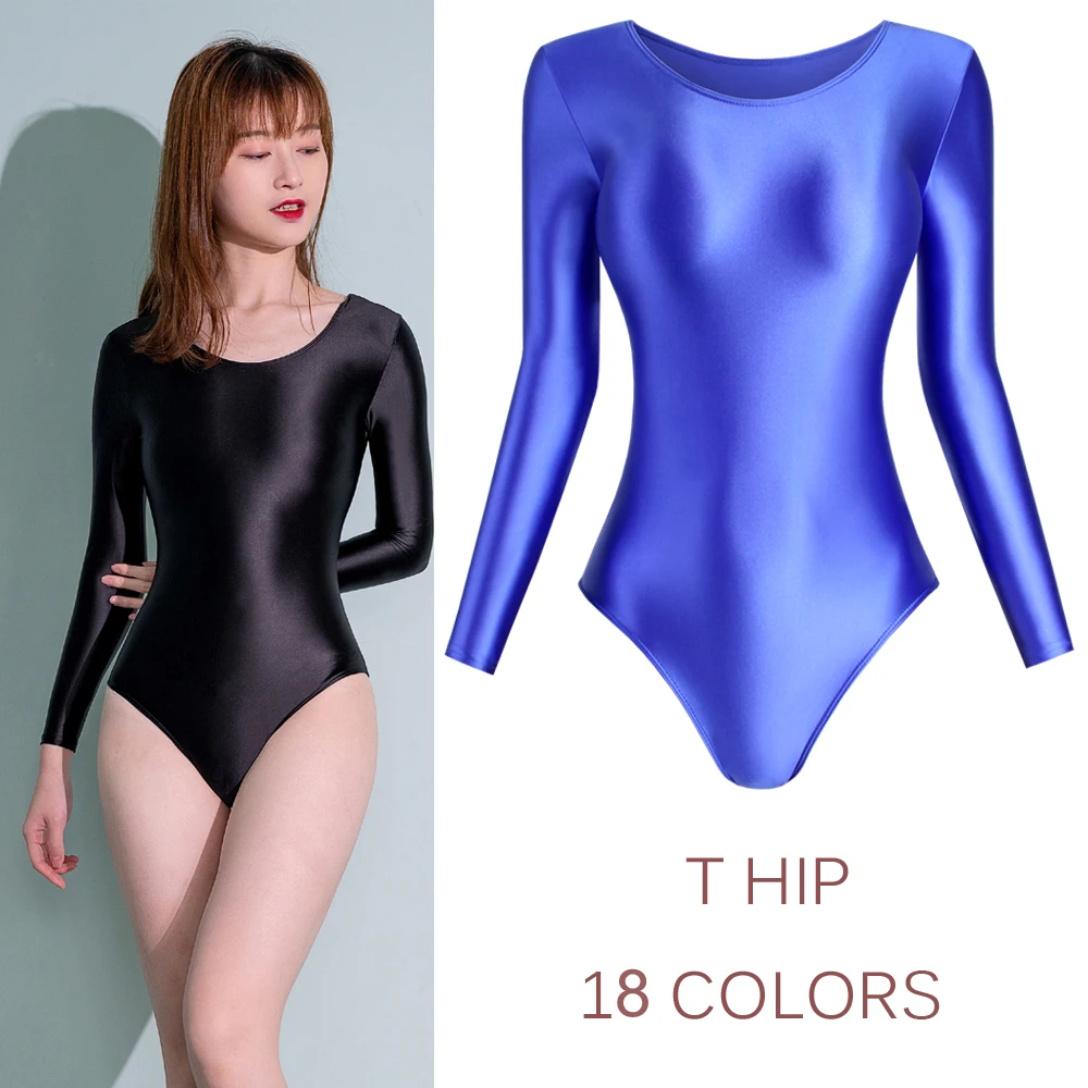 

2022 Summer Women Sexy Swimsuit High-Waisted T HIP Tight Shiny Glossy High Fork Bodysuits T-Shirts Leotards Spandex One Piece