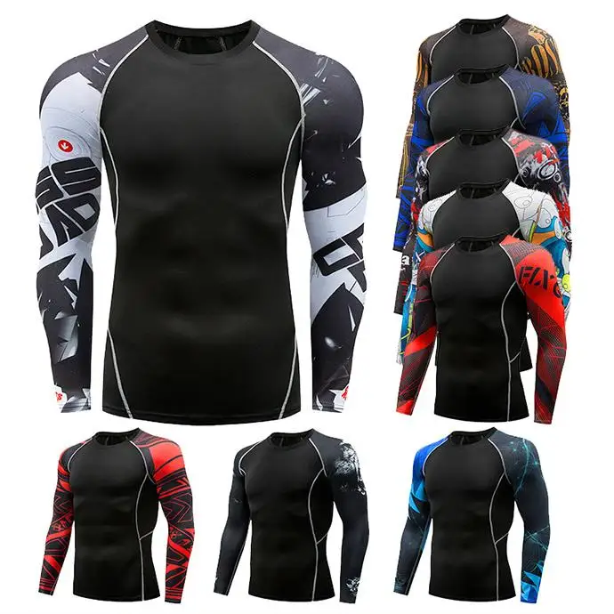 

Men's sports breathable quick drying tight fitting clothes with skull tattoo pattern, long sleeved T-shirt, fitness running