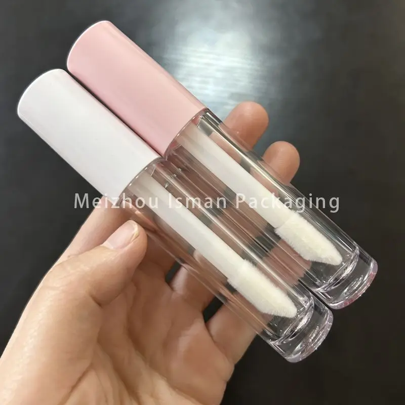 

50Pcs New empty 5ml clear round pink white lipgloss packaging lip gloss container tubes with thick brush big wand applicator