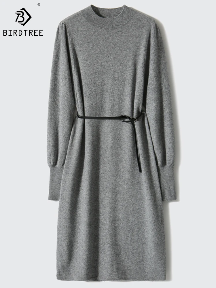 

Birdtree 90%Wool 10%Cashmere Elegant Dress Half-high neck Long Sleeves Solid High Waist Versatile Temperament Dresses D3N701QD