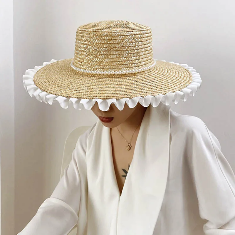 

New Women's summer Hats with White Lace trimmed Straw Hat Pearls Band Boater Hats Wide Brim Sun Hat Ladies Outdoor Beach Hat