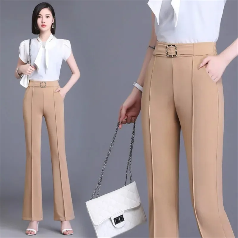 

Брюки-клеш Женские Стрейчевые с завышенной талией, облегающие повседневные офисные элегантные деловые штаны в Корейском стиле, большие размеры 4xl