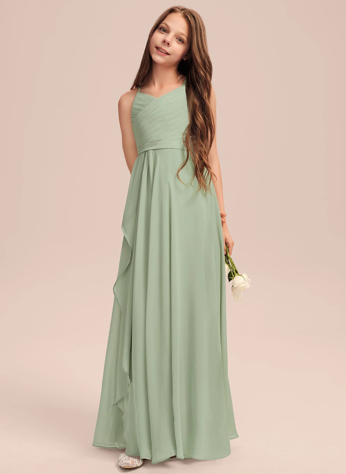

A-line V-Neck Floor-Length Chiffon Junior Bridesmaid Dress With Cascading Ruffles /Junior Bridesmaid Dresses