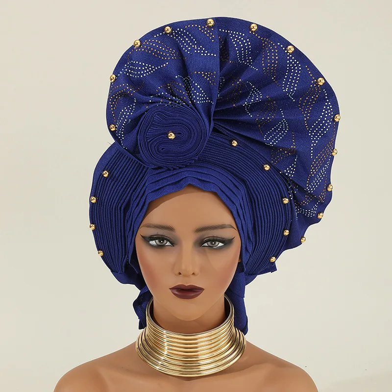 

African Auto Gele Headtie Aso Oke Nigeria High Quality Bead Already Made Hijab Bonnet Headband Turban Cap Party Wedding Headgear