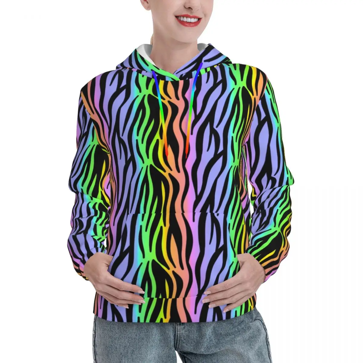 

Rainbow Tiger Print Casual Hoodies Colorful Stripes y2k Cool Hooded Shirt Autumn Long-Sleeve Loose Oversized Pullover Hoodie