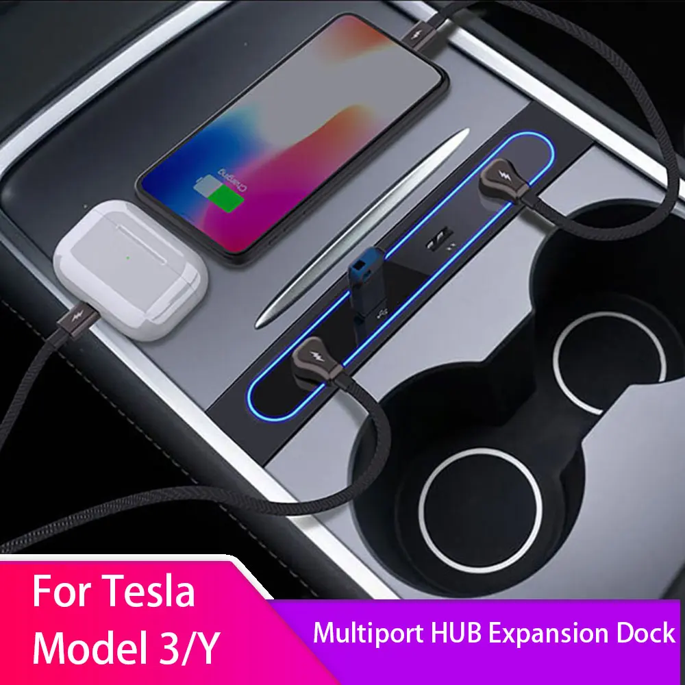

For Tesla Model 3 Y 2021-2023 Docking Station USB 27W Quick Charger LED Intelligent Shunt Hub Decoration Car Accessories