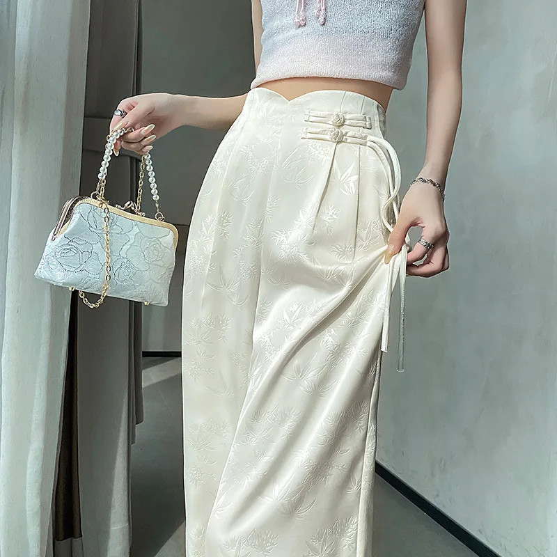 

2024 Xia Xin Chinese Satin Jacquard High-waisted Wide-leg Pants for Women with Drapey National Style Fashion Buttoned Trousers