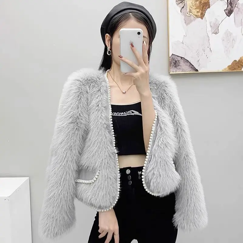 Women 2022 Winter New Fox Fur Mink Hai Short Ladies Coat Pearl Long Sleeve Young Style Fashion Pink White Gray Jacket Sweet
Women 2022 Winter New Fox Fur Mink Hai Short Ladies Coat Pearl Long Sleeve Young Style Fashion Pink White Gray Jacket Sweet