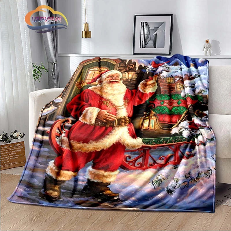 

Merry Christmas Flannel Blanket Santa Claus Warmth Soft Plush Sofa Bed Throwing Blanket Christmas Gifts Travel Camping Blanket