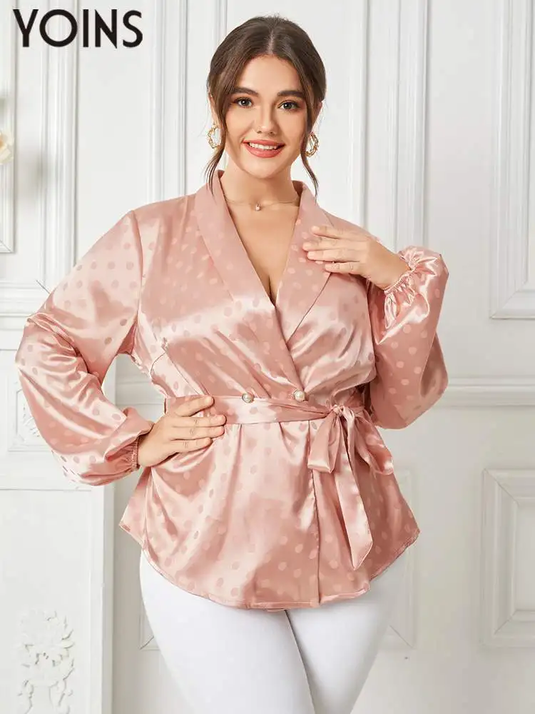 

YOINS Plus Size Elegant Polka Dot Printed Blouses 2023 Autumn Long Lantern Sleeve Satin Silk Shirts Casual Belted Wrap Tunic Top