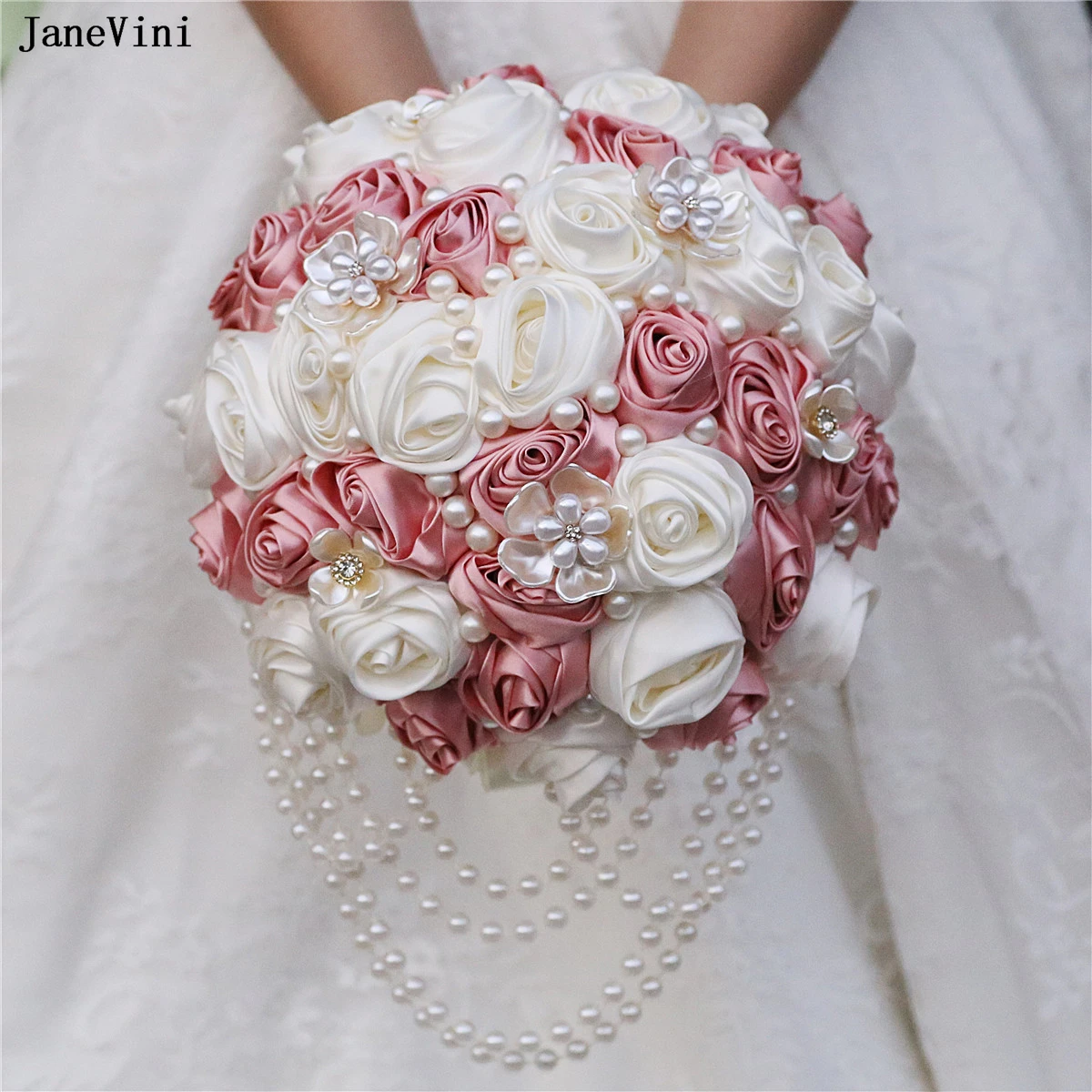 

JaneVini 2024 Elegant Korean Nude Pink Ribbon Flowers Bridal Bouquets with Pearls Artificial Satin Roses Wedding Brooch Bouquet