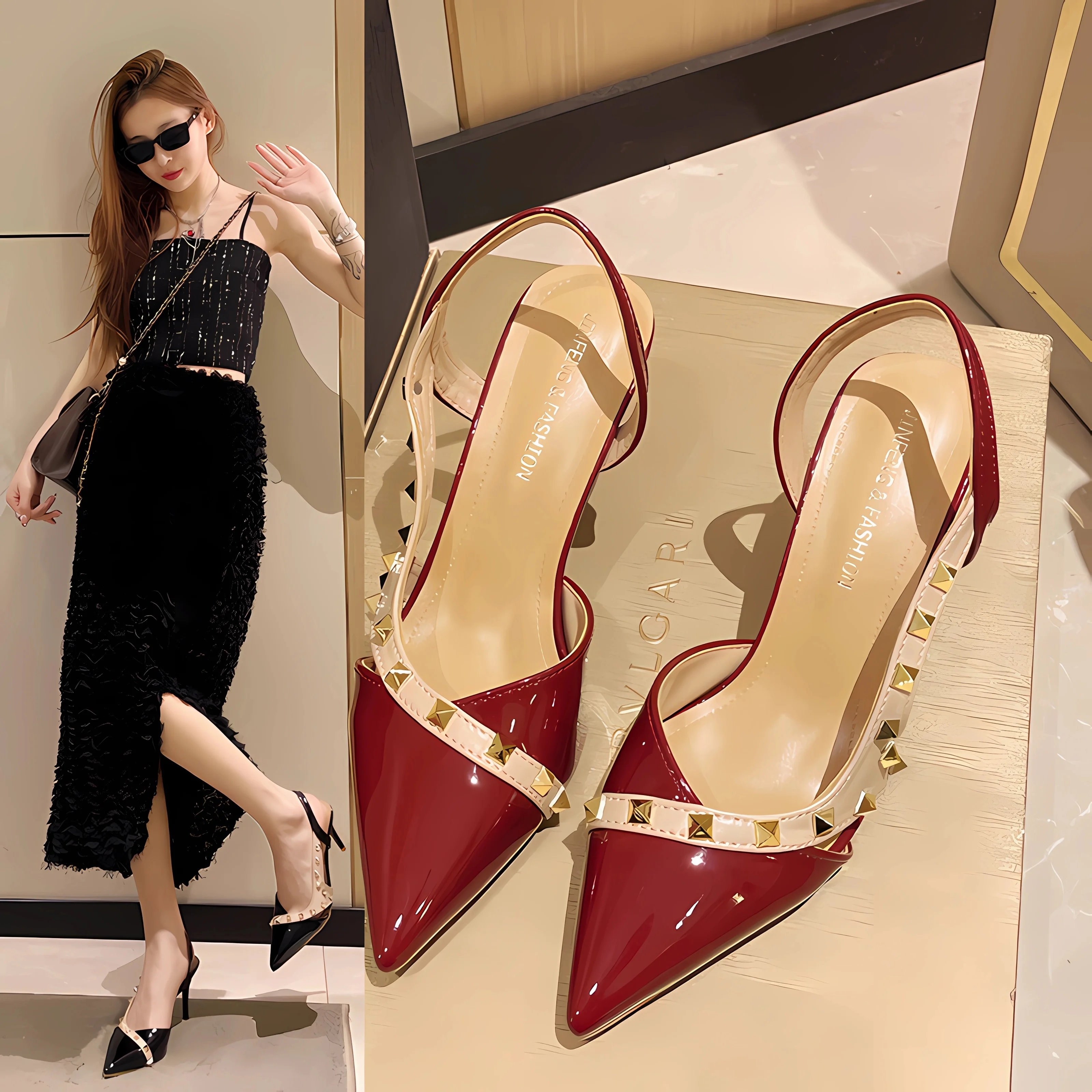

Hot Fashion New Women's Pointed Toe Sandals Rivets Patent Leather High Heels Slingbacks Thin Heel Dress Shoe Red Stilettos