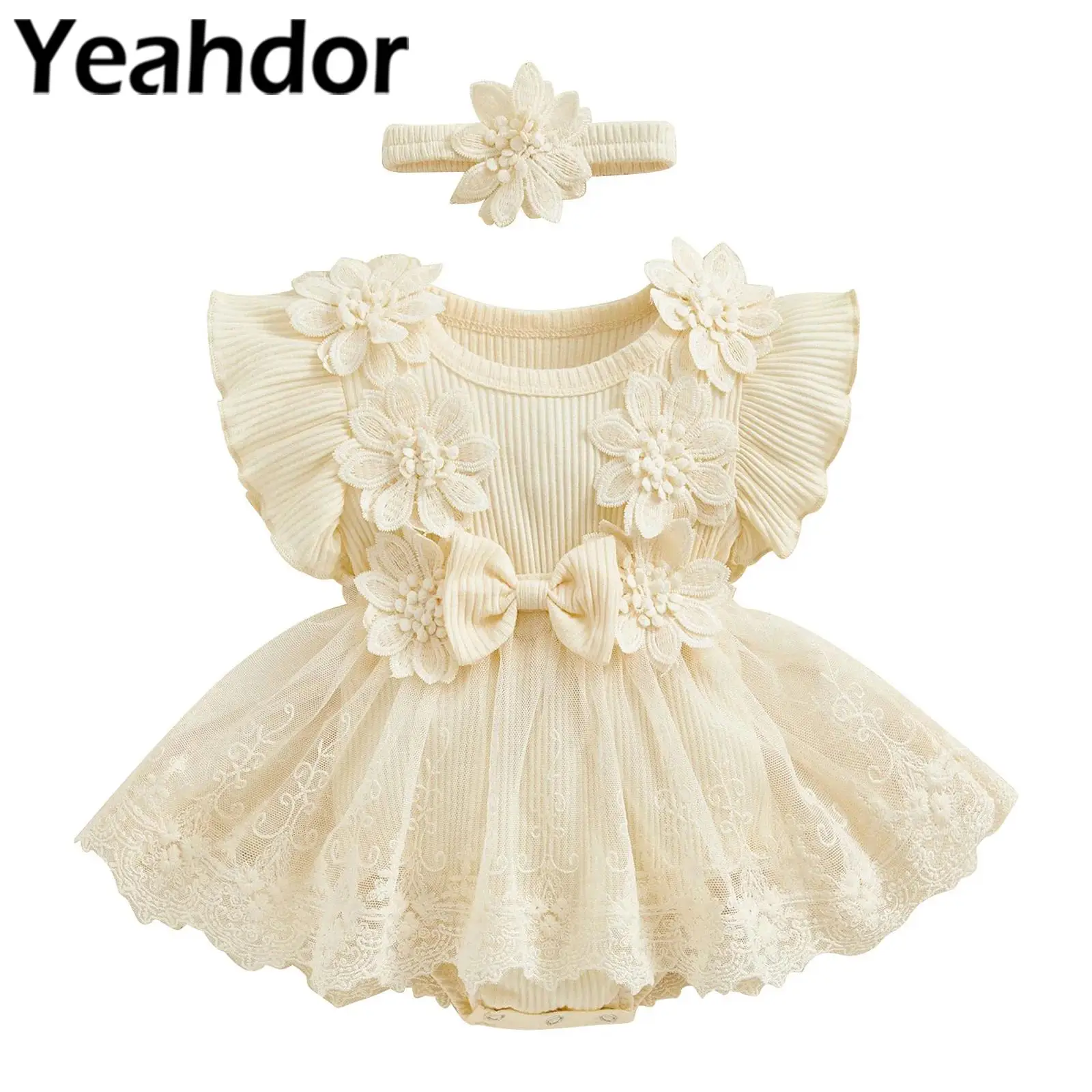 

Baby Girls Flower Romper Dress Princess Gown Applique Fly Sleeve Lace Birthday Wedding Party Dress Newborn Toddlers Clothes