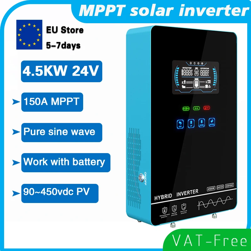 4500W 24V Hybrid Solar Inverter 230VAC Off Grid Inverter with MPPT 150A Solar Charger 6.25 Inch Touch Button Work with battery
4500W 24V Hybrid Solar Inverter 230VAC Off Grid Inverter with MPPT 150A Solar Charger 6.25 Inch Touch Button Work with battery