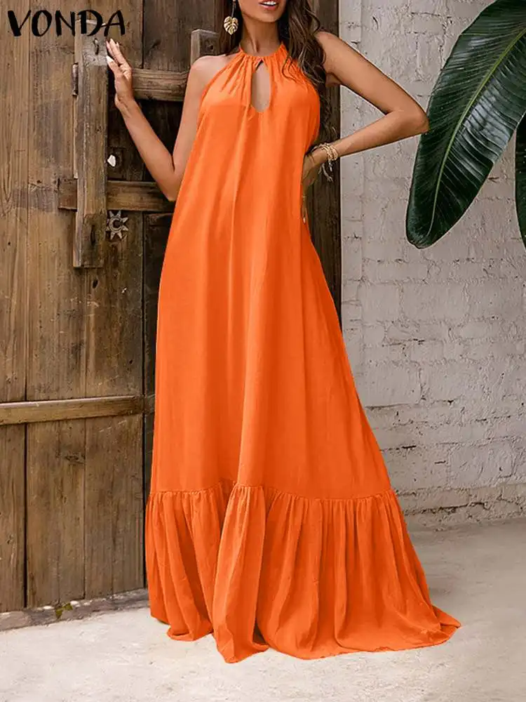 

VONDA Women Party Long Dress 2024 Elegant Sleeveless Floor Length Tank Dress Summer Ruffle Hem Solid Sundress Loose Vestido