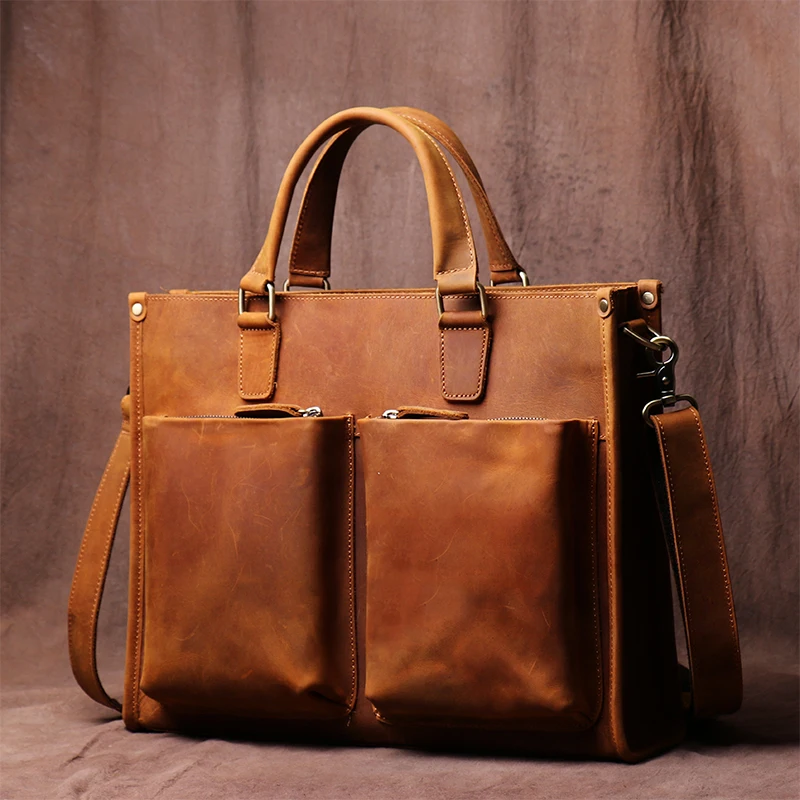 

AIGUONIU Vintage Man Handbag Briefcase Men Shoulder Crazy Horse Genuine Leather Bags Brown Business Fashion 14 Inch Laptop Bag