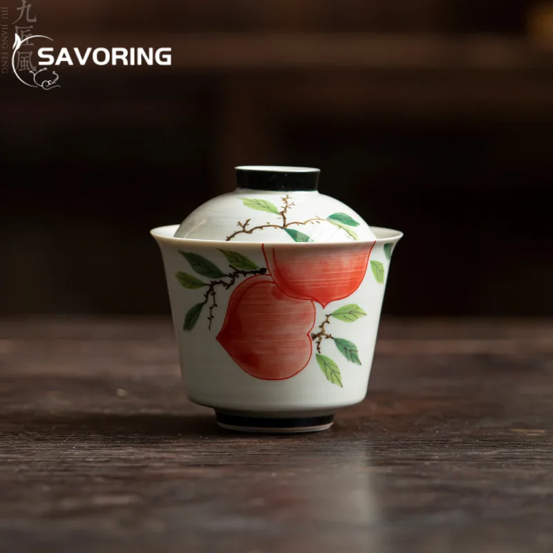 

100ml Pure Hand-painted Peach Cover Bowl Retro Grass Wood Ash Tea Bowl Handmade Powder Tureen Tea Making Gaiwan Kung Fu Teaware