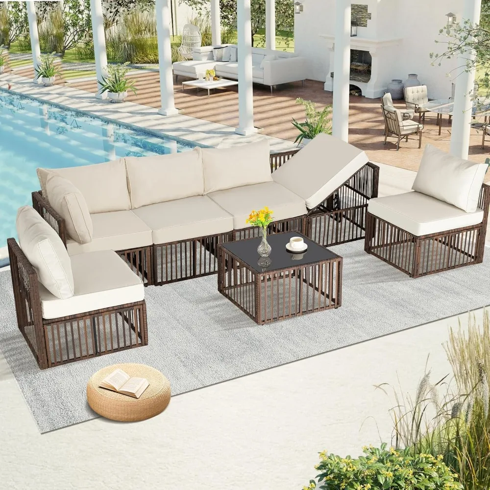 7 Pieces Outdoor Patio Furniture Set, Wicker Outdoor Sectional Conversation Couch Set , Beige Cushions & Coffee Table 7 Pieces Outdoor Patio Furniture Set, Wicker Outdoor Sectional Conversation Couch Set , Beige Cushions & Coffee Table
