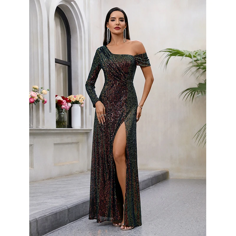 

2024 Sexy Women One shoulder High Split Elegant Ladies Cocktail Prom Evening Party Long Maxi sequined dresses