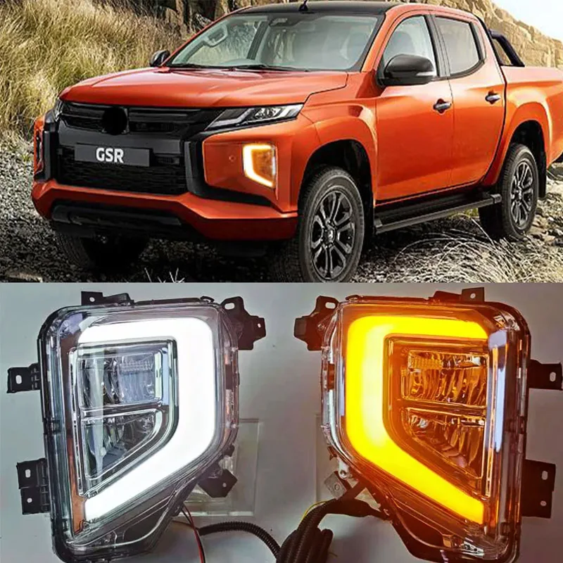 

For Mitsubishi Triton L200 2019 2020 Fog Lamp Cover with Yellow Turn Signal Lamp LED Fog Light LED DRL Daytime Running Lights