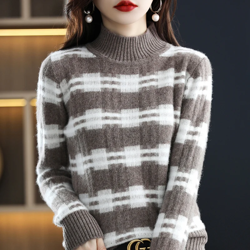 

100% Pure Wool Cashmere Sweater Autumn and Winter Women's Pullover New Half High Collar Top Long Sleeve Loose Knit Undercoat