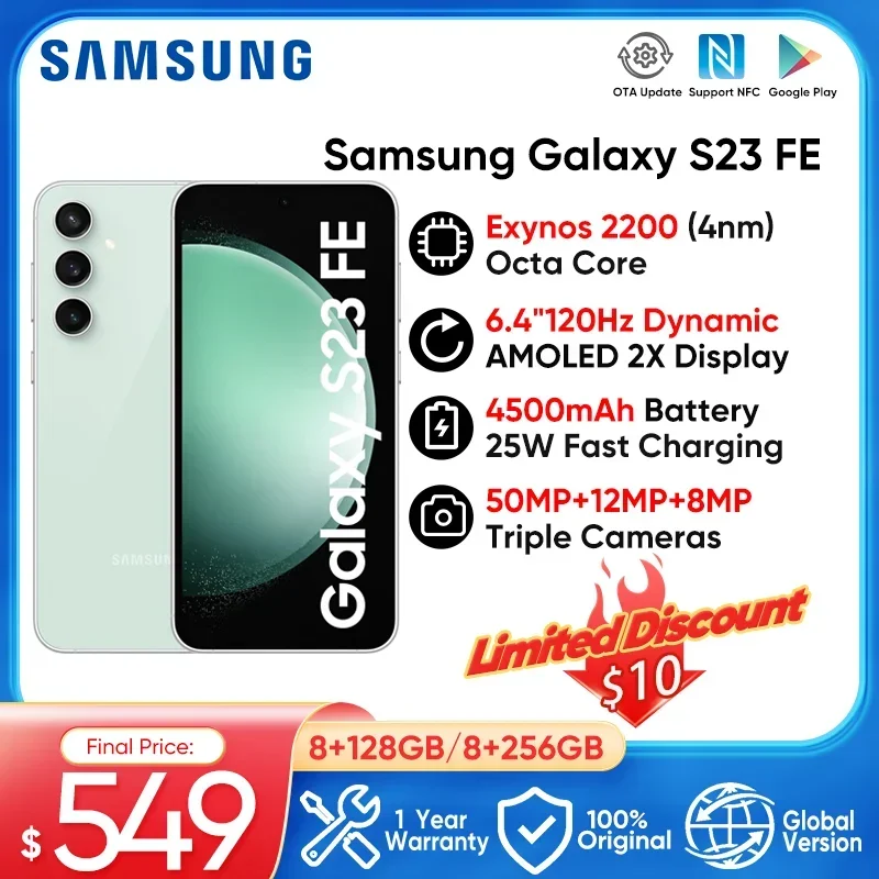 

Samsung Galaxy S23 FE 5G 8GB 256GB Exynos 2200 Octa-core 6.4 '' 120Hz AMOLED Display NFC 50MP Triple Camera 4500 Battery