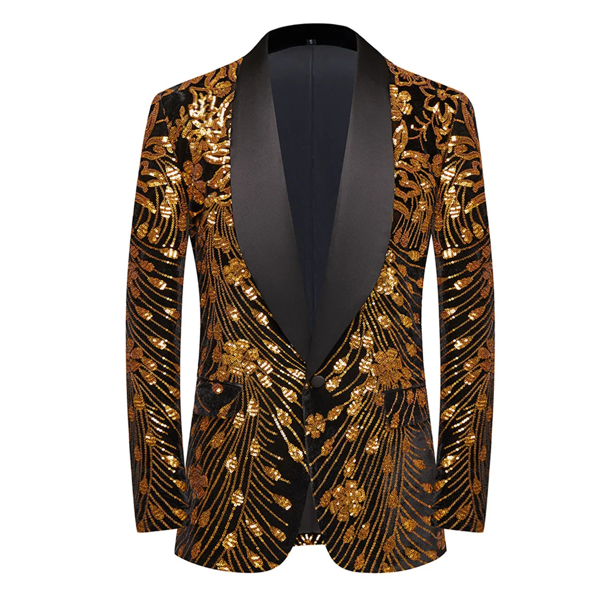 

Luxury Men Groom Wedding Banquet Host Sequins Blazer Coat Gold Floral Embroidery Suit Jackets Shawl One Button Party Tuxedo