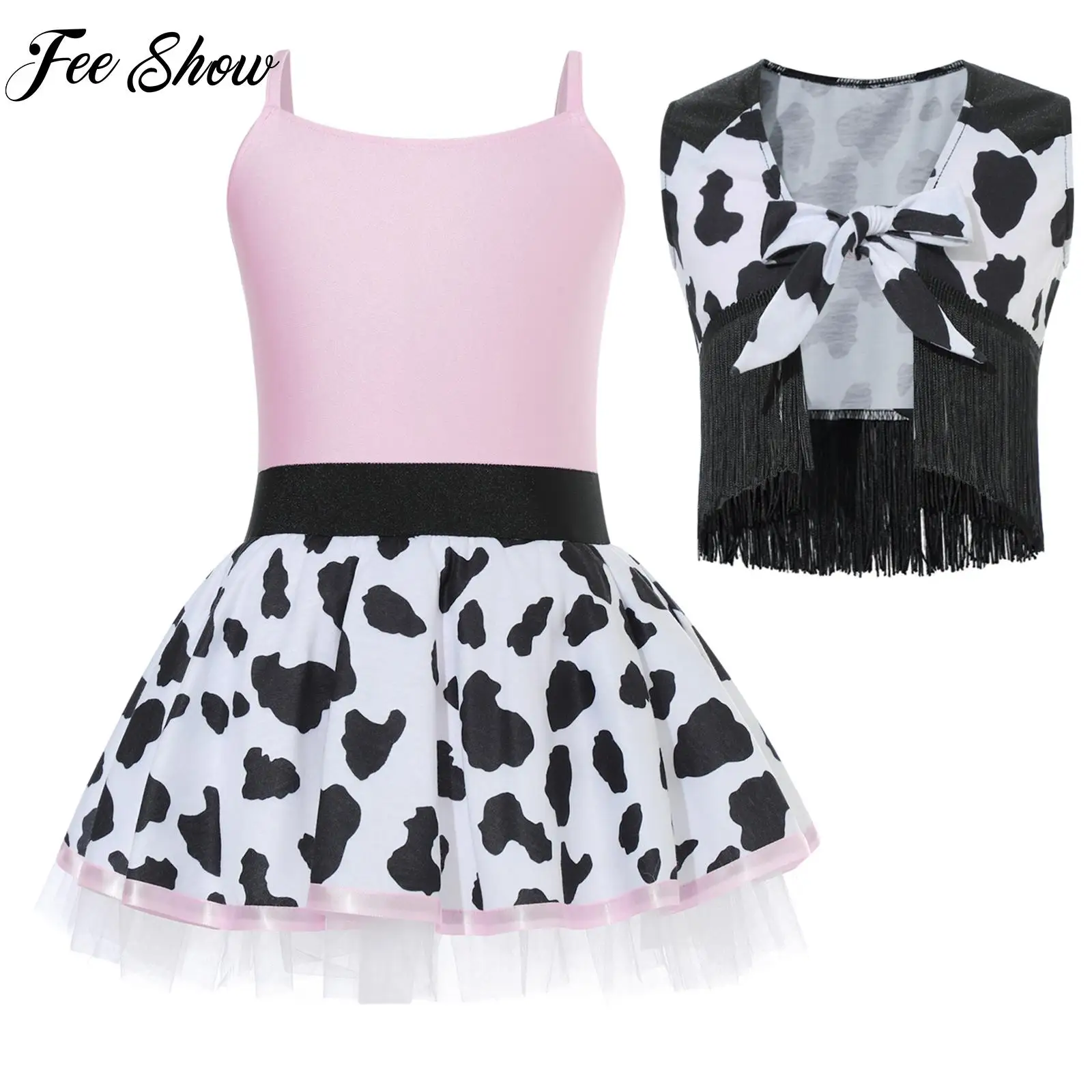 

Kids Girls Cowgirl Costume Dalmatian Print Cami Dress Tutu Dress with Tassels Vest Set for Halloween Western Cowboy Dress Up