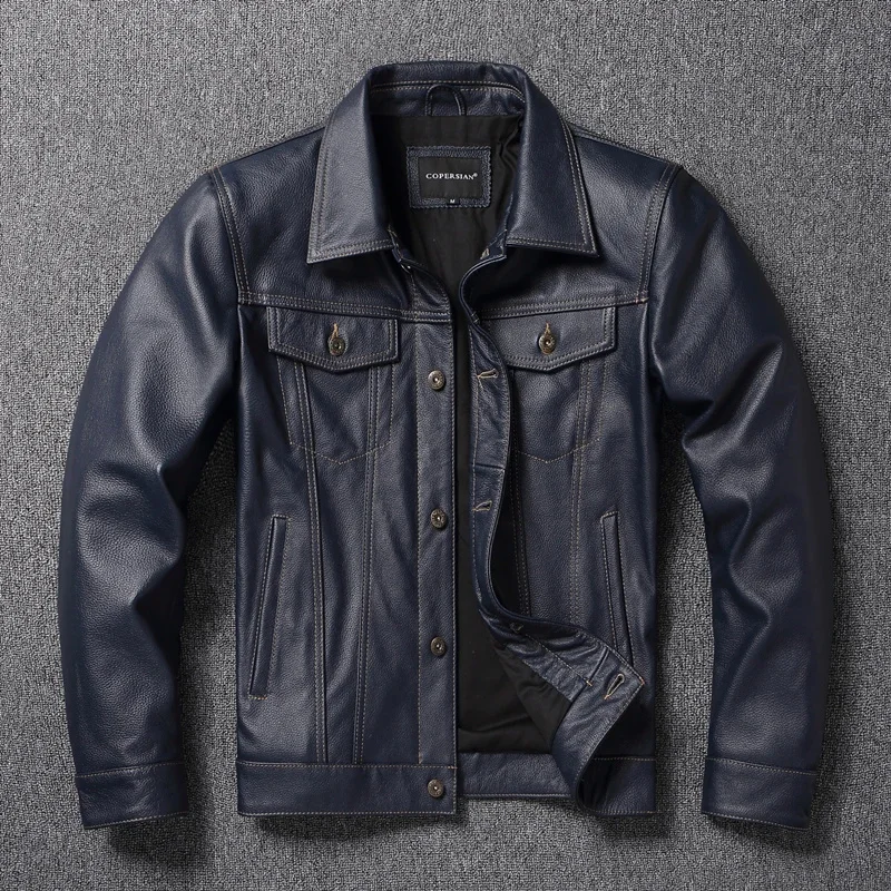 

Y2K brand new classic casual slim fit genuine leather coat.quality men fashion cowhide jacket.Young popular 557 style Denim