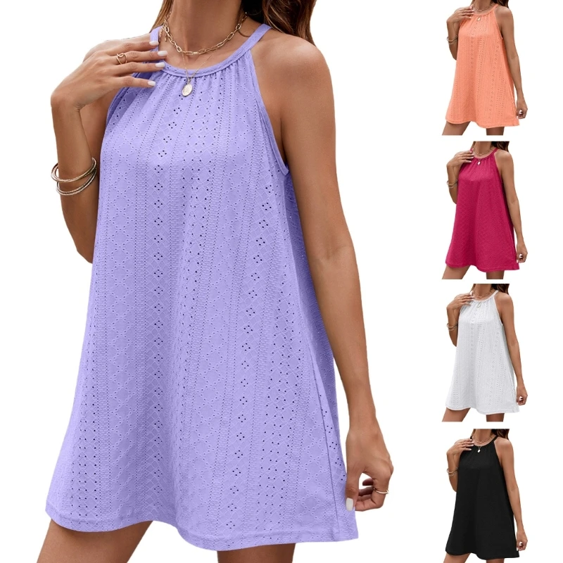 

Women Sleeveless Solid Color Hollowed Out Eyelet Flared Swing Beach Short Dress