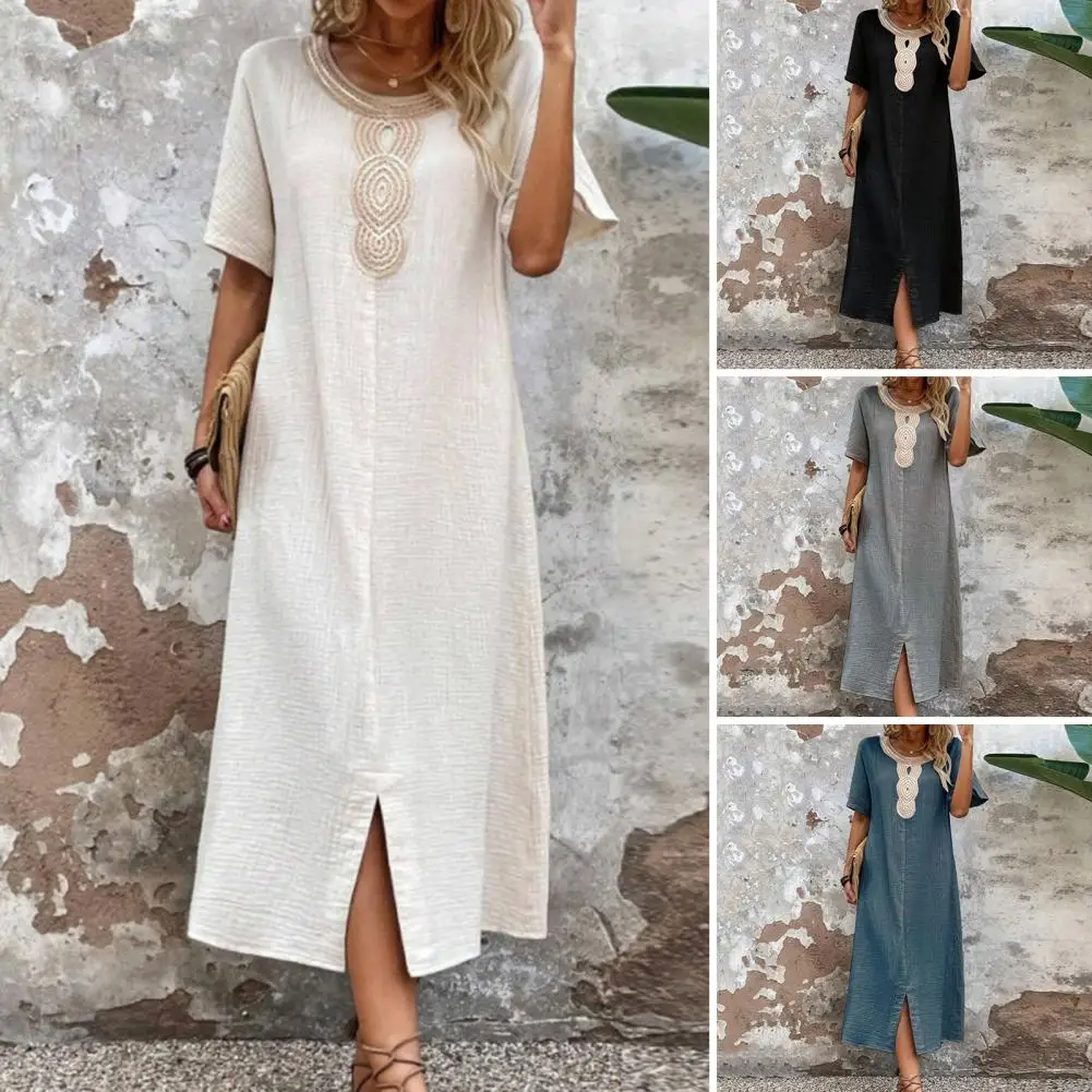 

V Neck Crochet Hollowed Out Short Sleeve Midi Dress Women Loose White Vestidos 2024 Sexy Party Beach Vacation Female Robes