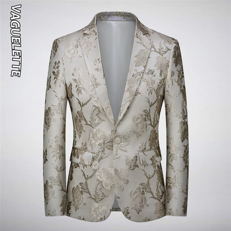 

VAGUELETTE Floral Embroidery White Blazer Men Wedding Party Casual Jacket Coat Printed Mens Blazers For Singers L-6XL