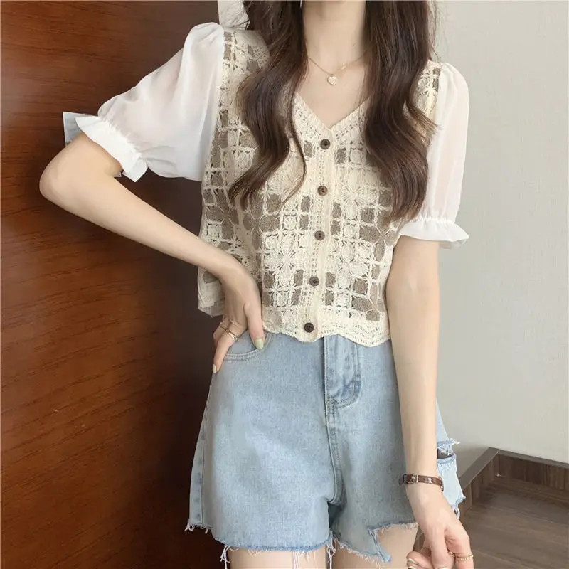 Women Crochet Knit Top with Chiffon Half Sleeve V-Neck Button Down Embroidery Floral Blouse Cardigan Spring Summer Boho Festival 2 S985df3b140614f1885e8d7fb70b44e43U