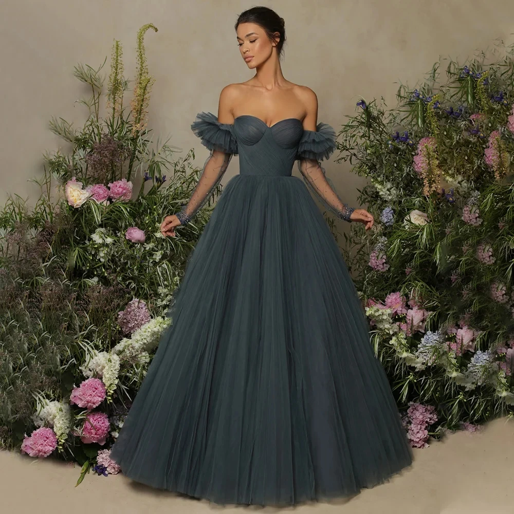 

OTHRAY Evening Gown Long Ball Off the Shoulder Sweetheart Prom Dress for Women Tulle Backless Simple Formal Dresses Navy Blue