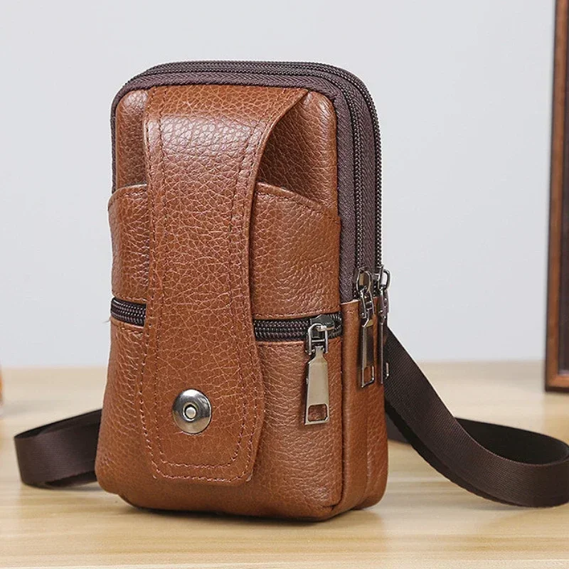 

Мужская кожаная поясная сумка, вместительная коричневая сумка на ремне, сумки через плечо, с многослойной пряжкой, искусственная сумочка