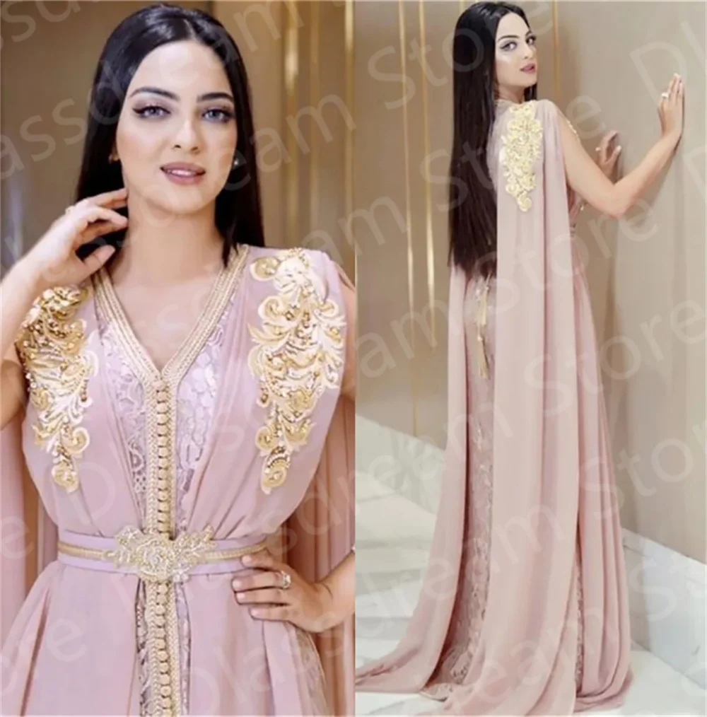 

New Elegant Blush Pink Beaded Muslim Long Evening Dresses Luxury Dubai Moroccan Kaftan Dress V Neck Gown فساتين مناسبة رسمية