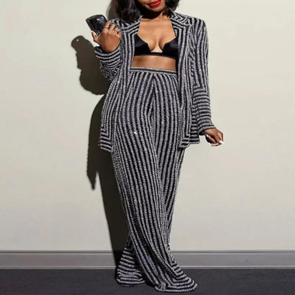 Long Sleeve Black White Striped Set Turn Down Collar Coat High Waist Wide Leg Pants Two Piece Set Elegant OL Ladies Clothing
Long Sleeve Black White Striped Set Turn Down Collar Coat High Waist Wide Leg Pants Two Piece Set Elegant OL Ladies Clothing