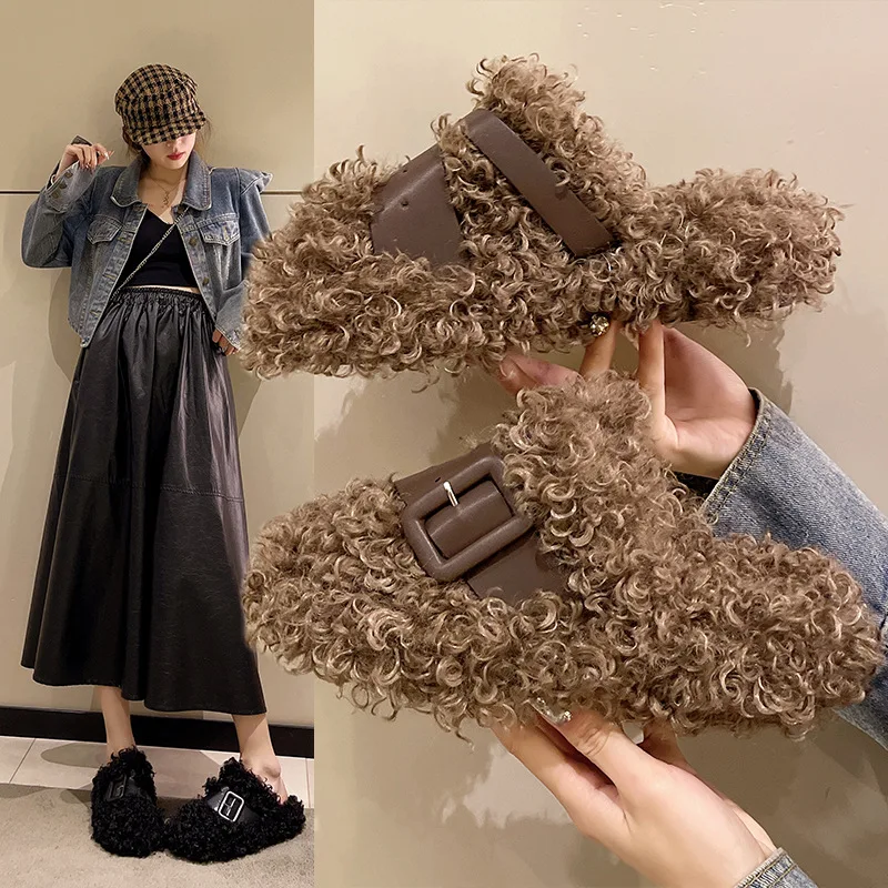 

Lamb Wool Baotou Slippers Woman 2024 Autumn and Winter New Belt Buckle Decoration Home Warm Cotton Drag Woman