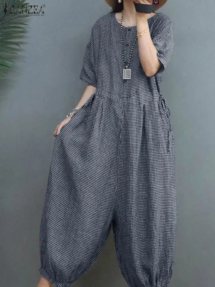 

ZANZEA Summer Vintage Plaid Checked Wide Leg Rompers Women Casual Holiday Playsuits Overalls Fashion Half Sleeve Loose Jumpsuits