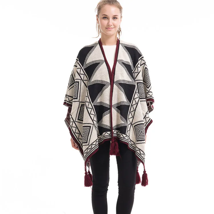 Spring Autumn Geometric Pattern Tassel Cape Women Knitted Cardigan Fashion Street Poncho Lady Capes White Cloaks
Spring Autumn Geometric Pattern Tassel Cape Women Knitted Cardigan Fashion Street Poncho Lady Capes White Cloaks