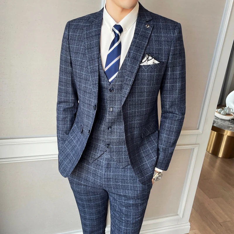 

(Blazer+Pants+Vest) Luxury Men Suit 3 Piece Set Fashion Boutique Lattice Groom Wedding Dress Men's Tuxedo Suit