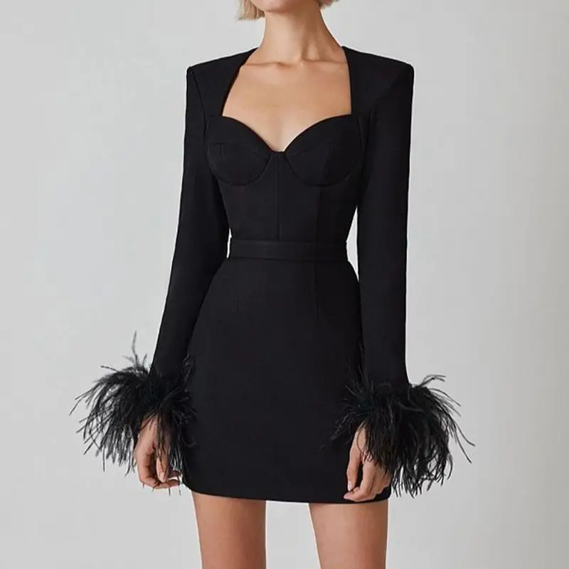 Fashion Feather Cuffs Maxi Dresses Party Club Female Bodycon Elegant Solid Long Sleeve Party Mini Dress For Women S3704
Fashion Feather Cuffs Maxi Dresses Party Club Female Bodycon Elegant Solid Long Sleeve Party Mini Dress For Women S3704