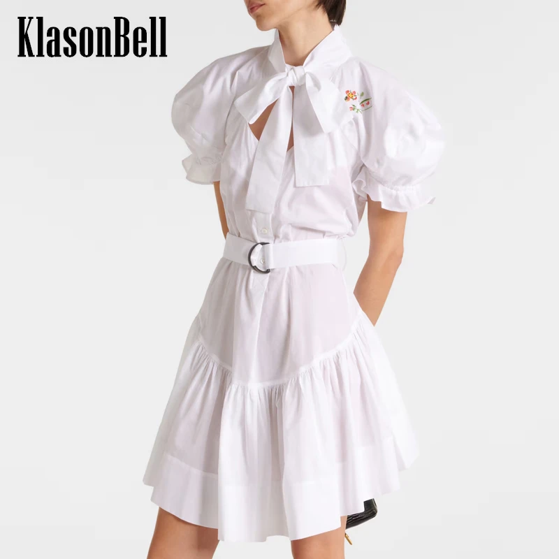 

5.15 KlasonBell Embroidery Print Bow Collar Cut-Out Sashes Slim Dress Women Puff Short Sleeve Spliced Asymmetrical Knee Dress