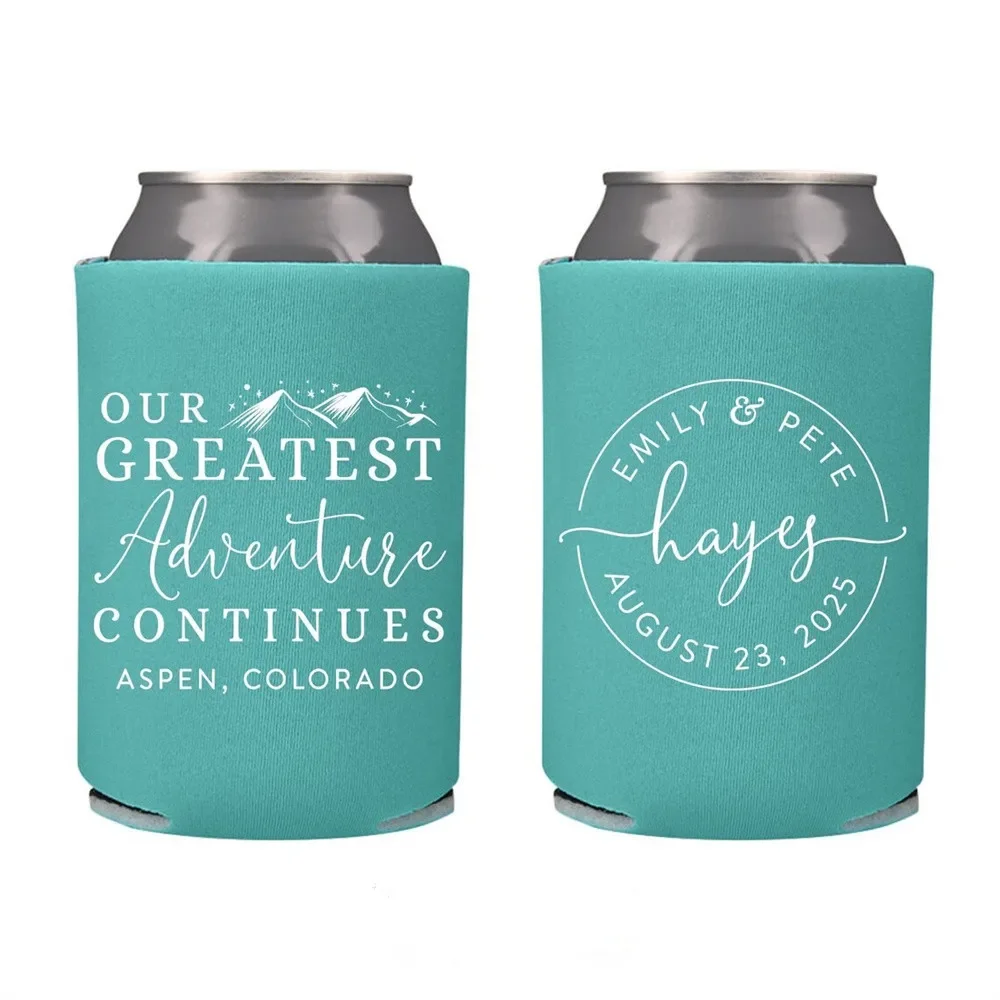 

Wedding Can Cooler #163R - Our Greatest Adventure Continues - Custom - Wedding Favors, Insulated, Can Holder, Wedding Favor, Bee