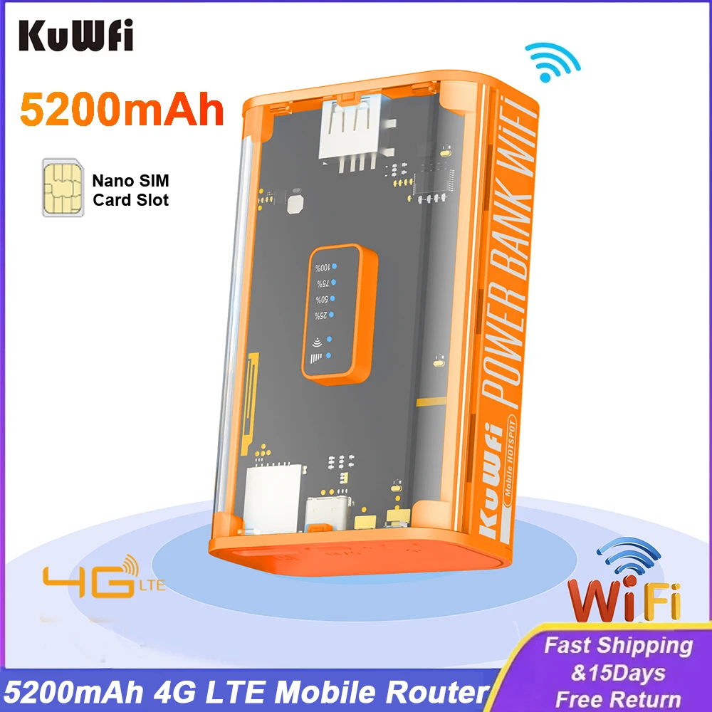 

KuWFi 5200mAh 4G LTE Router Proteble Mobile Travel Router 150Mbps Wireless Wi-Fi Hotspot USB Output TypeC Charging SIM Card Slot