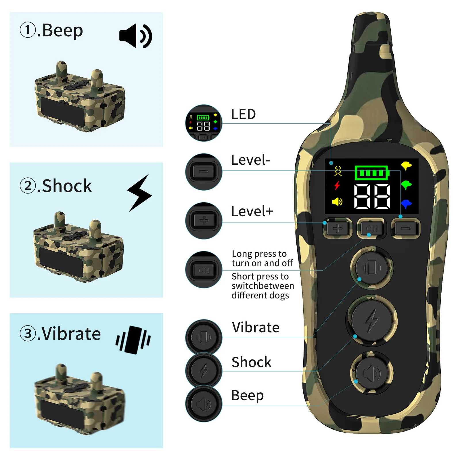 Dog Training Bark Stopper Collar Rechargable Electric Shock Waterproof Remote Control Pet Dog Collar 3 Modes with Beep Vibration
Dog Training Bark Stopper Collar Rechargable Electric Shock Waterproof Remote Control Pet Dog Collar 3 Modes with Beep Vibration