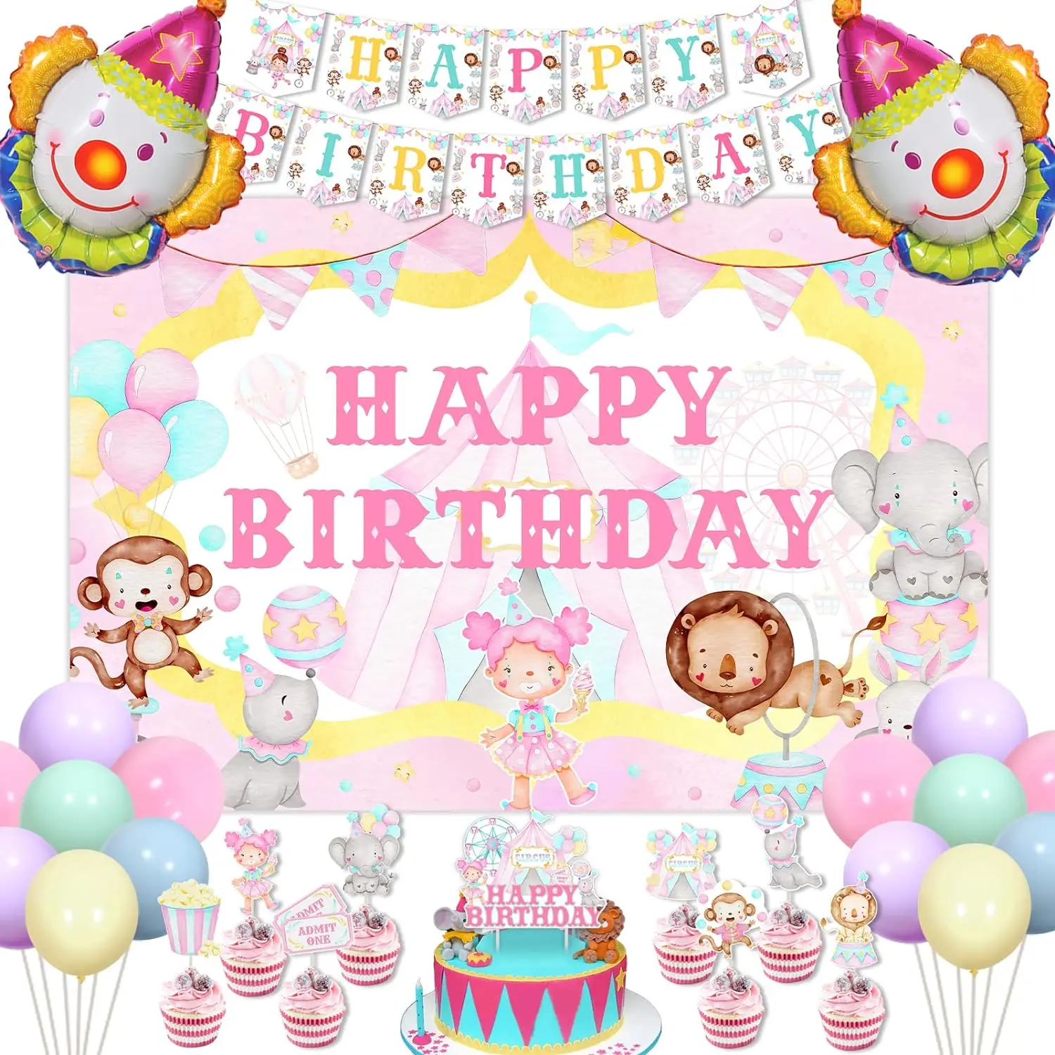 

Circus Birthday Party Decor Pastel Circus Happy Birthday Backdrop Banner Cake Topper Balloons for 1st 2nd 3rd 4th 5th Girls