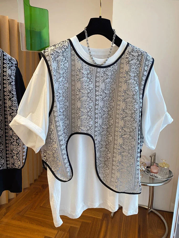 Fashion Vintage Women Clothes O Neck Short Sleeve T Shirts Irregular Embroidery Gauze Vests Summer Casual Loose Two Piece Set 
Fashion Vintage Women Clothes O Neck Short Sleeve T Shirts Irregular Embroidery Gauze Vests Summer Casual Loose Two Piece Set