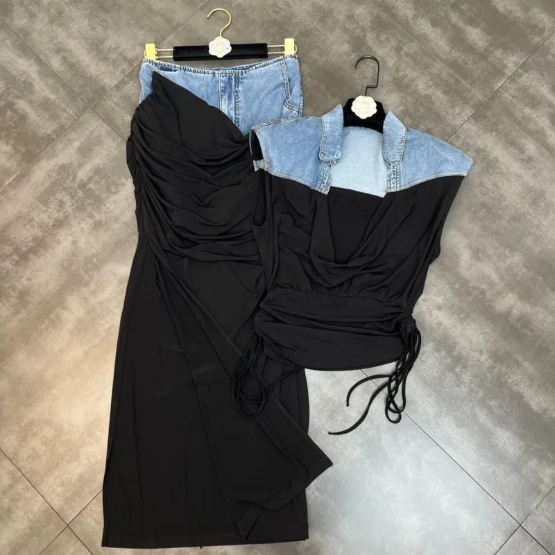2023 Sleeveless Drawstring Sexy V Neck Slim Vest Tank Top Blue Denim Patch Long Skirt Two Piece Set Women GF821
2023 Sleeveless Drawstring Sexy V Neck Slim Vest Tank Top Blue Denim Patch Long Skirt Two Piece Set Women GF821