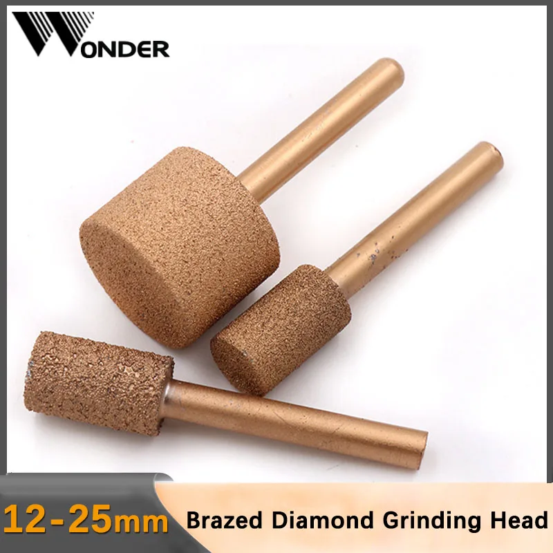 

6mm Shank 12-25mm Brazed Diamond Grinding Head Cylindrical Burrs Carving Peeling Bit For Jade Stone Concrete Ceramic Mill Bullet